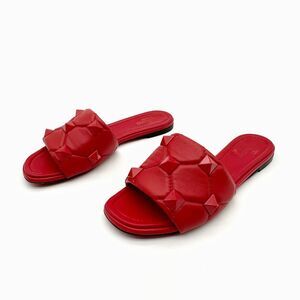 VALENTINO Rockstud Red Leather Sandal Size 37.5 Flat Flip Flop Slide Studded